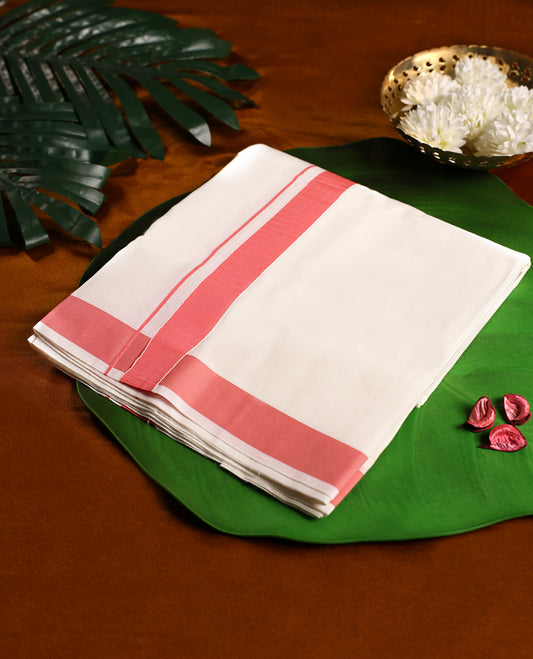 Off white cotton single dhoti featuring a peach kara with fine double line edging, crafted for timeless traditional charm and daily comfort, ideal for rituals, festivals, and cultural occasions.