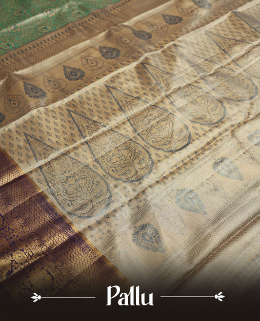 Aqua green colour and antique gold Zari Tissue Brocade Saree features intricate floral Motifs on body and rich Violet colour with traditioal Border & pallu with Gold Zari Patterns paired with matching blouse