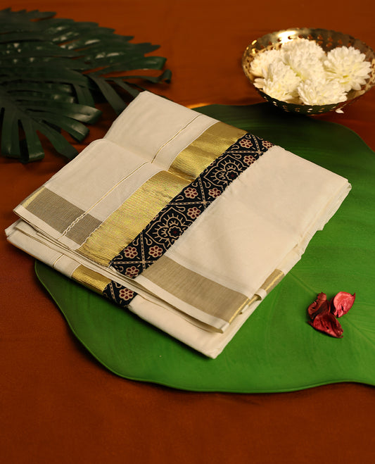 Light ivory Colour cotton double dhoti having Gold with Black Ajrakh kara, crafted for traditional elegance & comfort, for men.