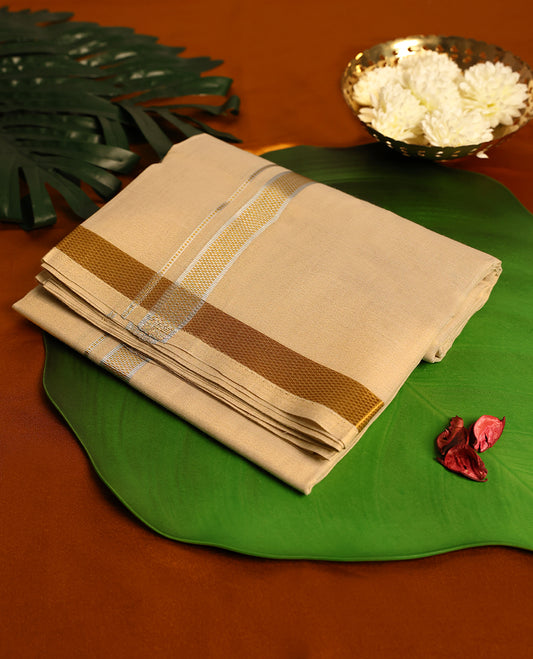 Gold Colour Tissue double dhoti with Gold & Silver kara, crafted for traditional elegance & comfort, for men.