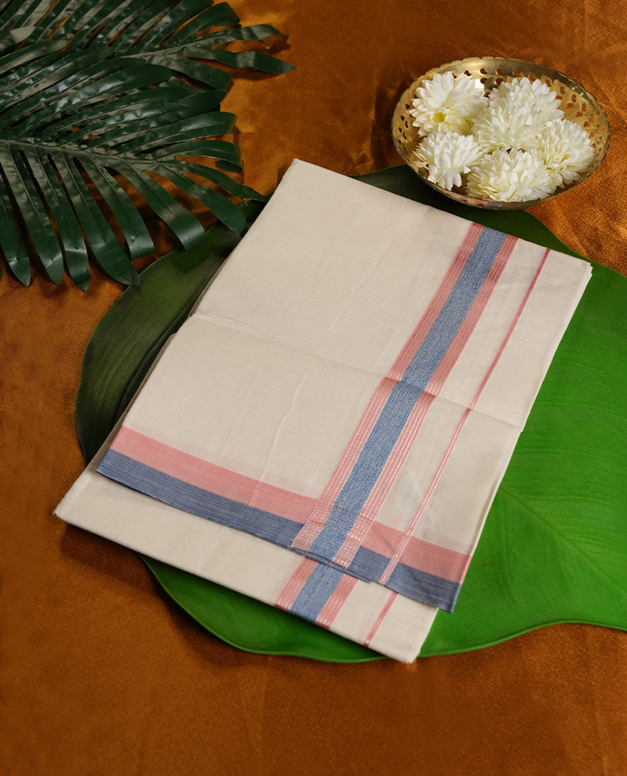 Cream Colour Pure Cotton single Dhoti with Pink and blue Colour Border for Men