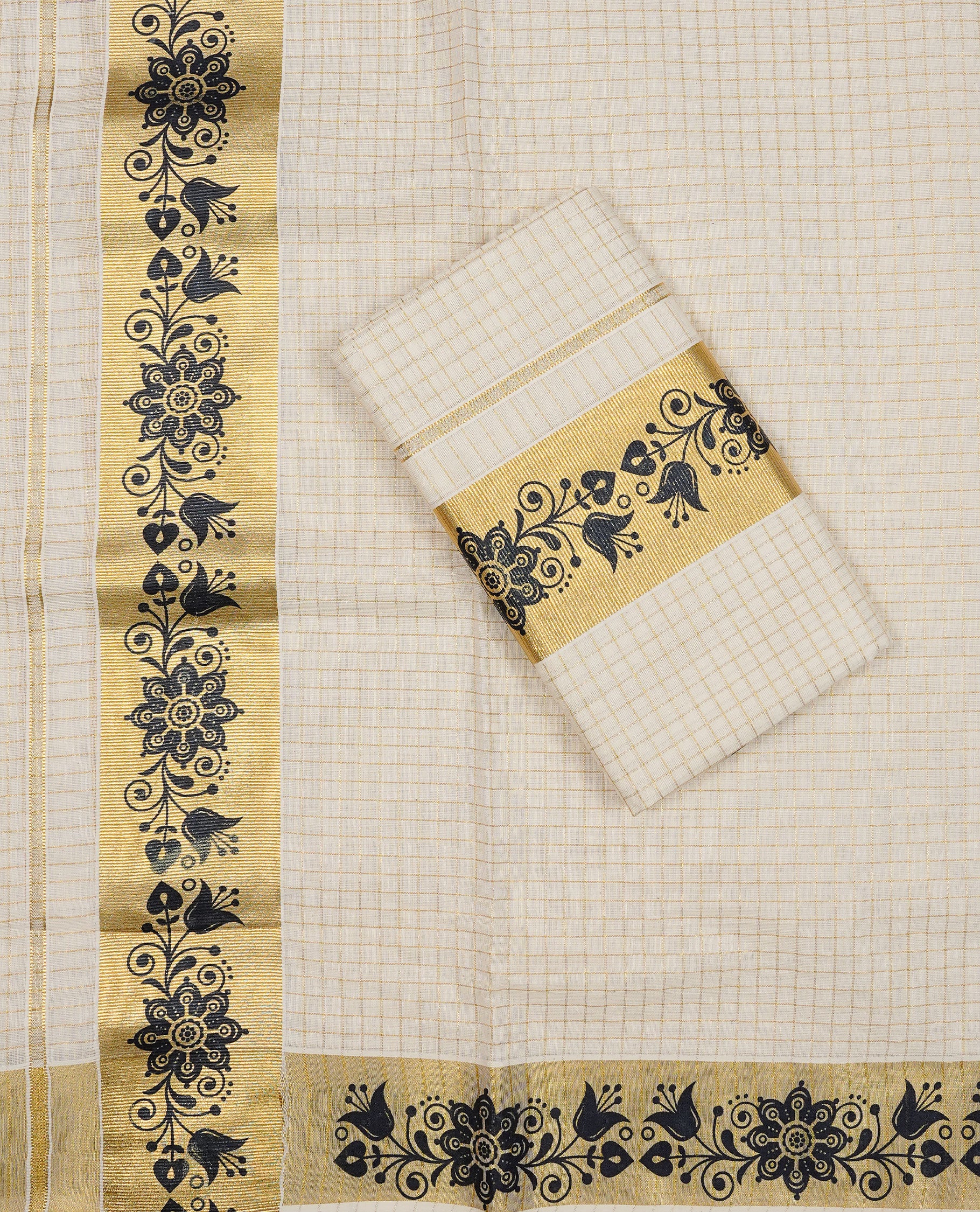 Off white colour Cotton Set Mund featuring a Check pattern body, enhanced by a gold zari kasavu border with Black Floral print detailing.