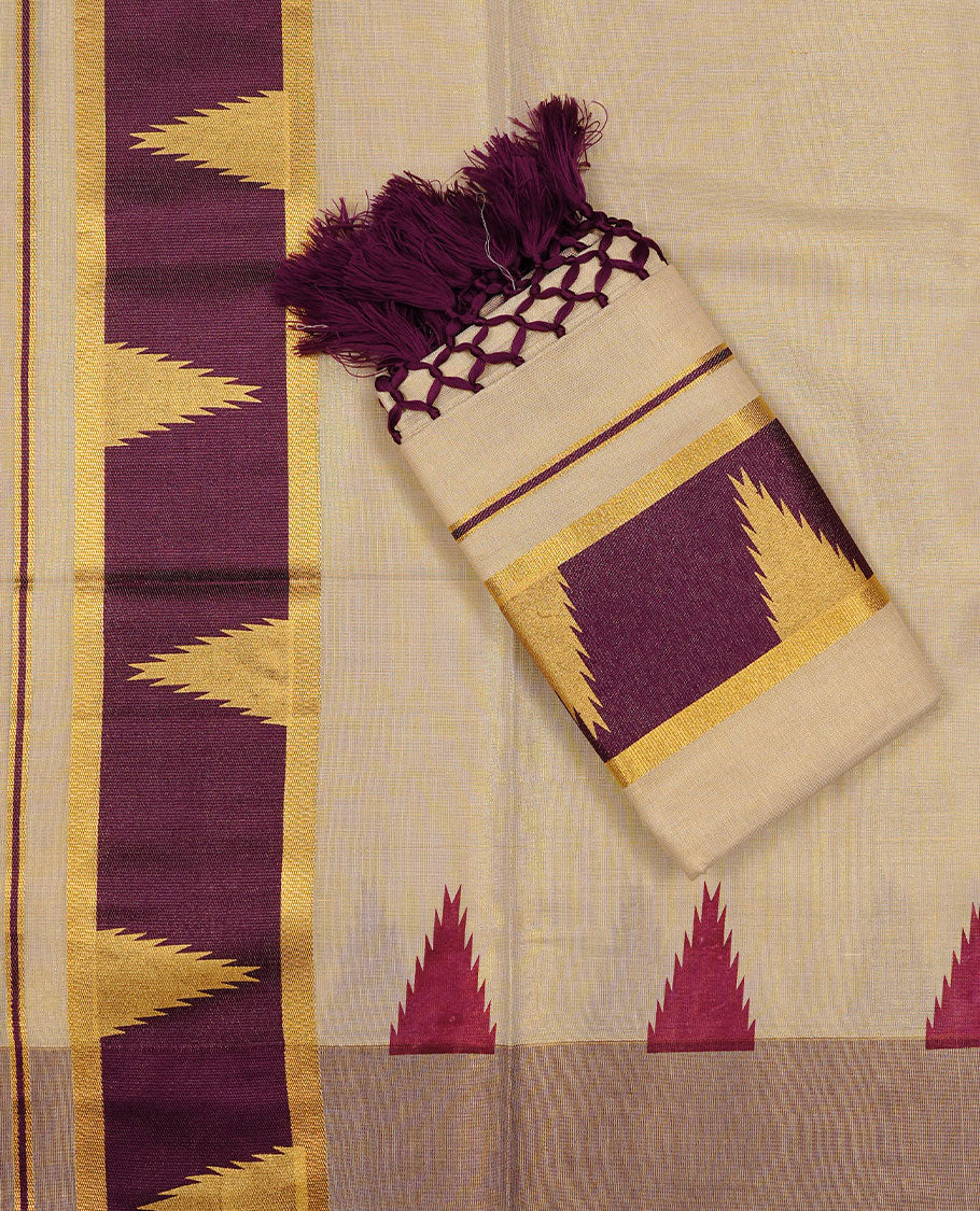 Cream colour Tissue silk set mund Featuring Elegant plain body, Complemented by Temple print on Purple colour & gold zari border.