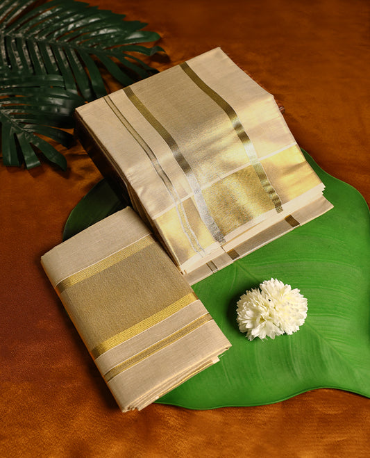 Light Gold colour Tissue SET MUNDU featuring a plain body, complemented by a gold Zari Bold Border ( 2.00/2.80 MTS).