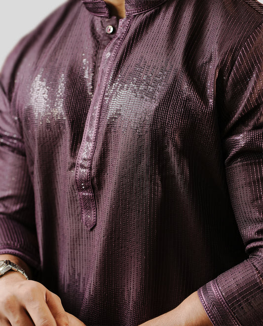 BlackBerry colour men's kurta featuring elegant thread and sequins work on the body, complemented by full sleeves for a refined and festive look.