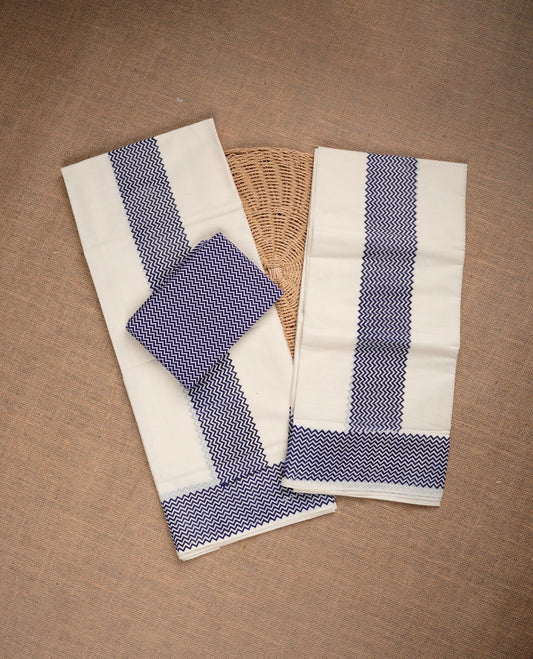 Cream colour cotton set mundu highlighting Navy blue colour zig zag patterned border.