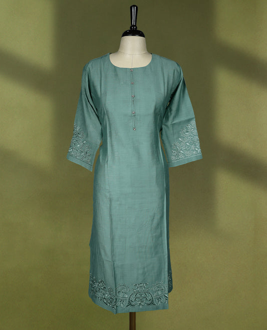 Pastel green colour round neck Readymade kurti with embroidery work for women, featuring 3/4 sleeves