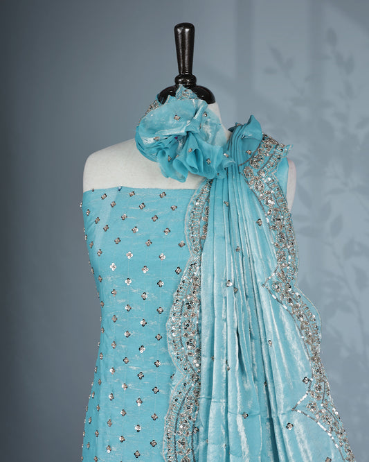 Sky blue colour salwar material with Cut beats & sequins work on body, Matching Bottom & dupatta.