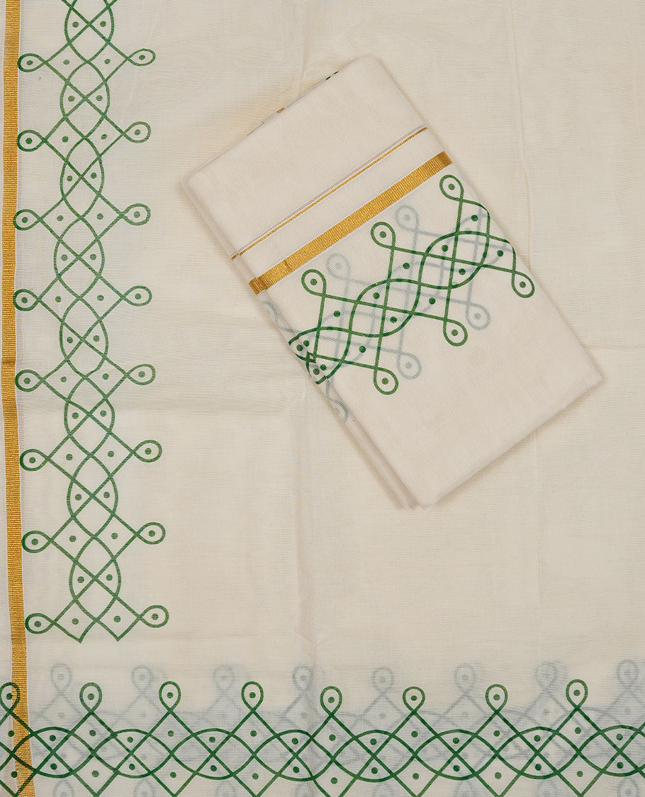 Off white colour Cotton Set Mund featuring elegant green traditional printed border motifs, enhanced with a thin gold zari border.