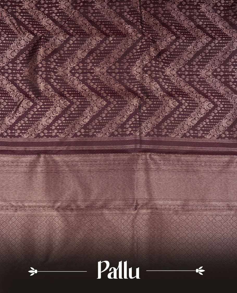 Coffee Brown colour Kanchipuram pattern Manthrakodi saree featuring geometric antique zari jacquard pattern, geometric zari border and zari jaquard blouse piece.