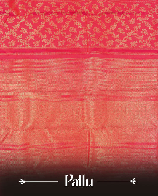 Rani pink colour Kanchipuram pattern Manthrakodi saree adorned with geometrical vertical lines with small diamond motifs and banarasi floral weaving on the body, edge to edge zari border and self jacquard blouse piece.