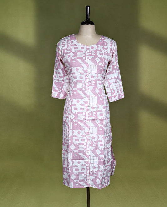 Soft mauve and white printed kurti with abstract geometric patterns, styled with a round neckline, front button placket, and 3/4th sleeves, ideal for smart casual or daily wear.