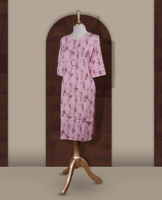 Baby pink colour kurti from TWARA, featuring with delicate floral prints and front button detailing & Designed with a round neckline and three quarter sleeves.