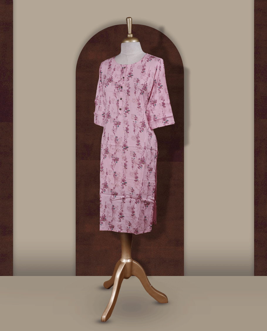 Baby pink colour kurti from TWARA, featuring with delicate floral prints and front button detailing & Designed with a round neckline and three quarter sleeves.