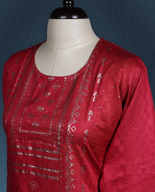 Dim red colour kurti with an all over subtle geometric weave, accentuated by an ornate golden printed front panel, featuring a round neckline and elegant three quarter sleeves
