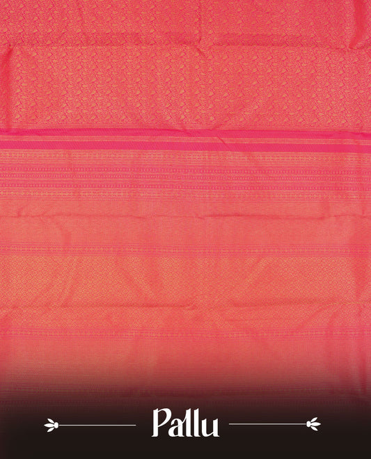 Rani pink colour Kanchipuram pattern Manthrakodi saree featuring golden zari traditional pattern and floral zari jacquard with small zari motifs across the body, traditional bavanji border, and plain zari blouse piece.