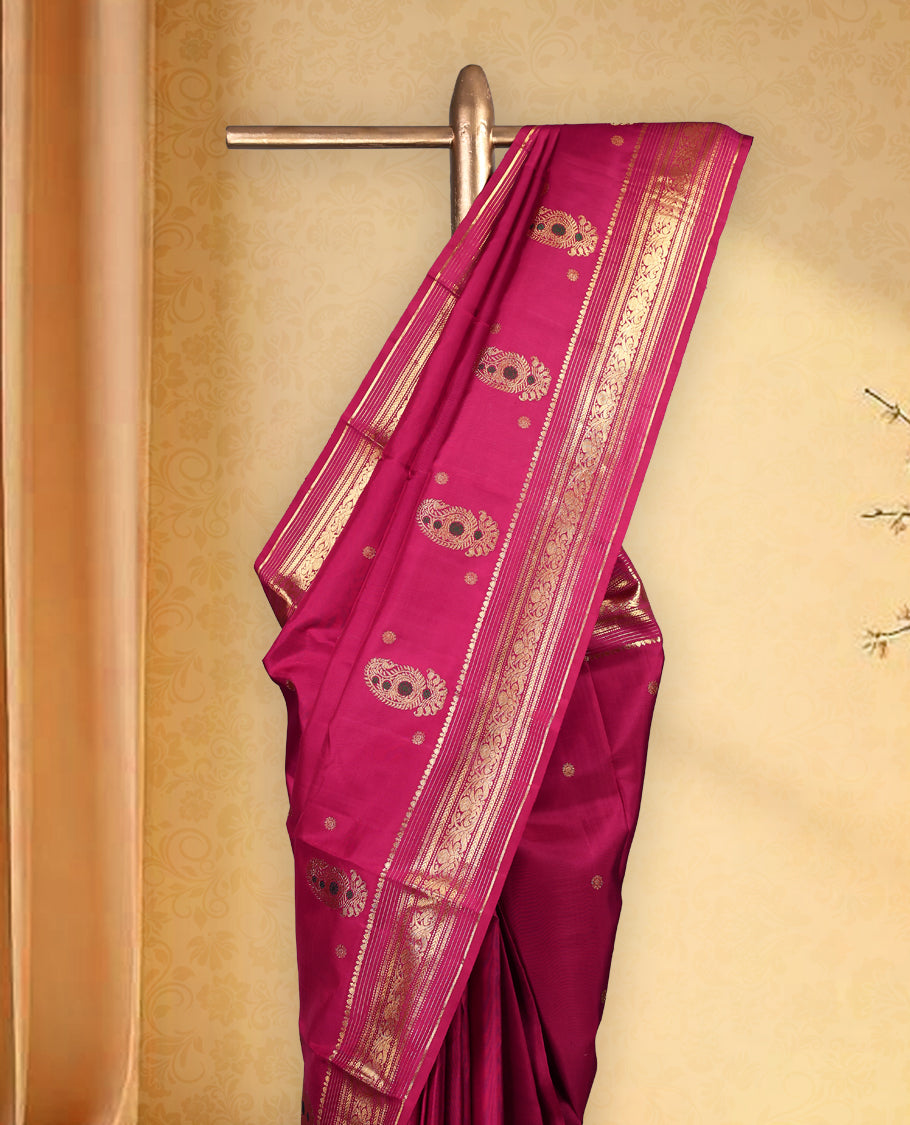 Araku colour pure Kancheepuram saree with gold zari small chackra motifs on the body traditional border with Meena mango motifs grand pallu with Vangi design paired with matching blouse