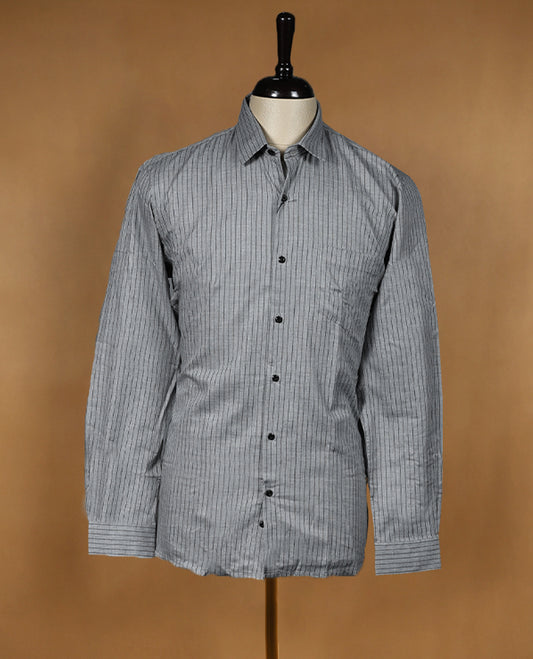 Grey striped cotton formal shirt by Peter England featuring full sleeves, a classic spread collar, and a front button closure crafted for a polished, professional look with all day comfort.