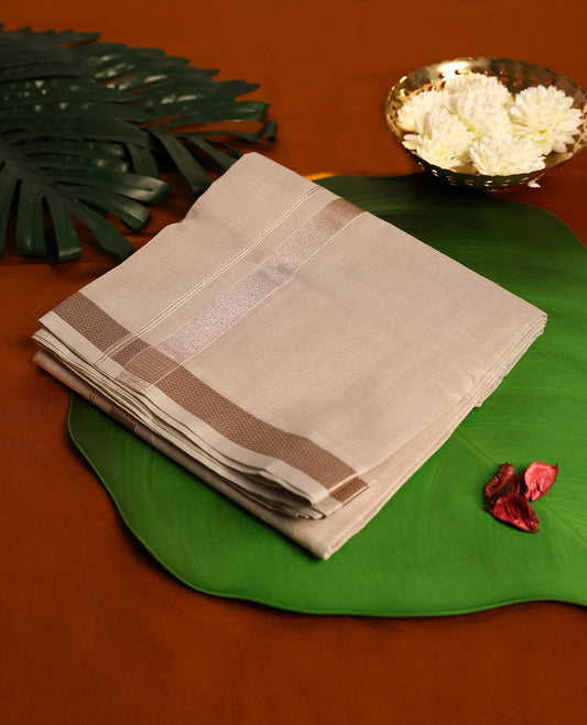 Light Copper Colour Tissue double dhoti with 1 Inch Copper kara, crafted for traditional elegance & comfort, for men.
