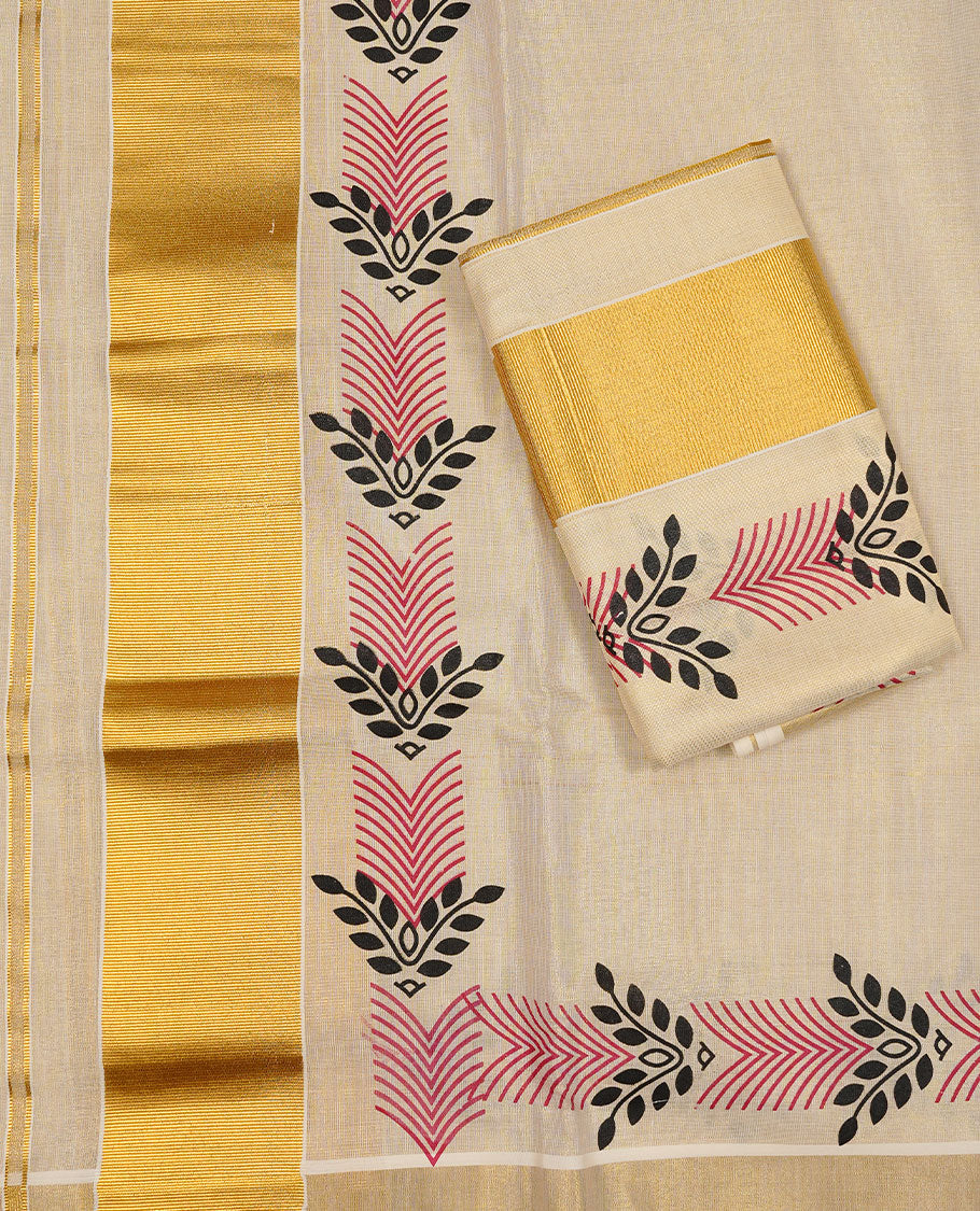 Cream colour Tissue silk set mund Featuring Elegant plain body, Complemented by design print with zari border.