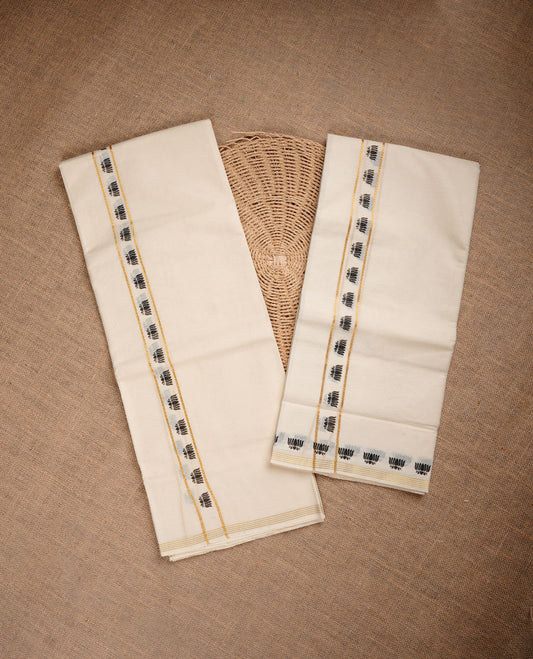 Cream colour cotton set mundu highlighting gold zari & black colour lotus print border.