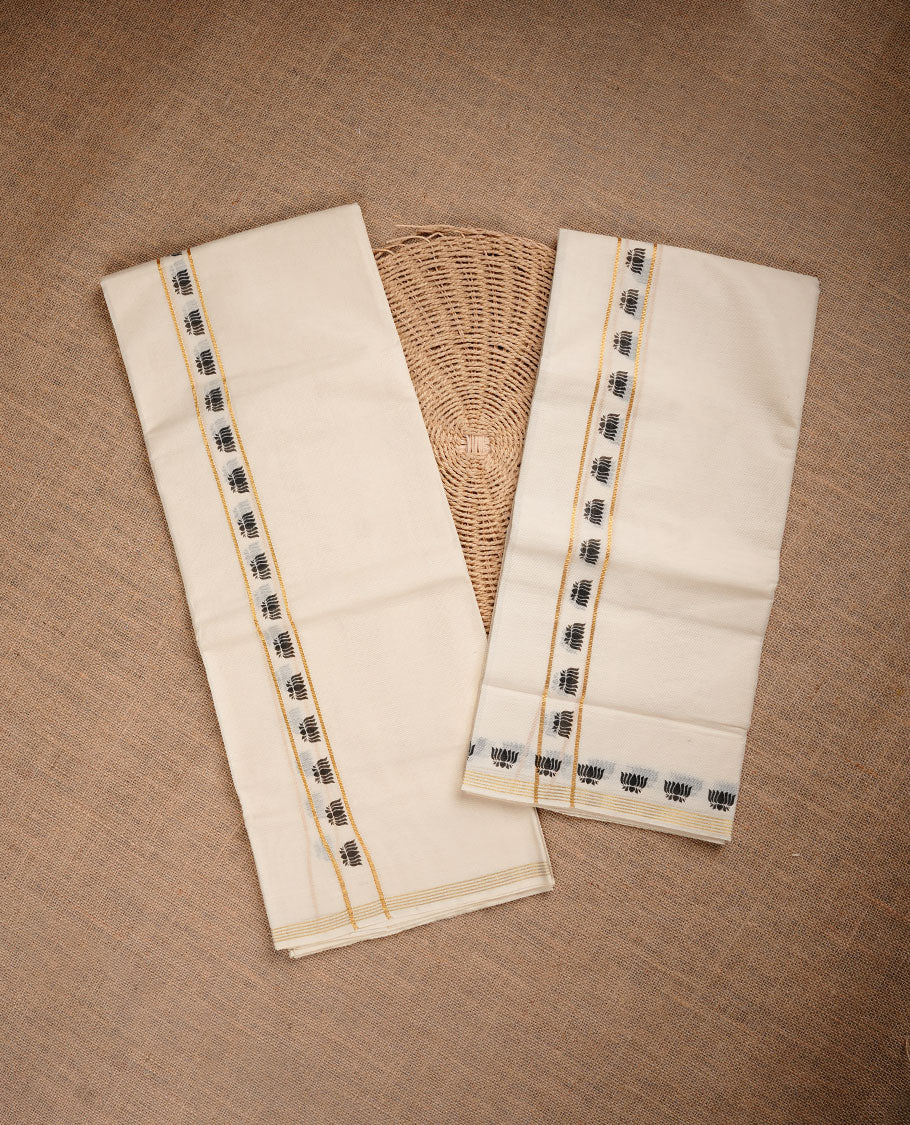 Cream colour cotton set mundu highlighting gold zari & black colour lotus print border.