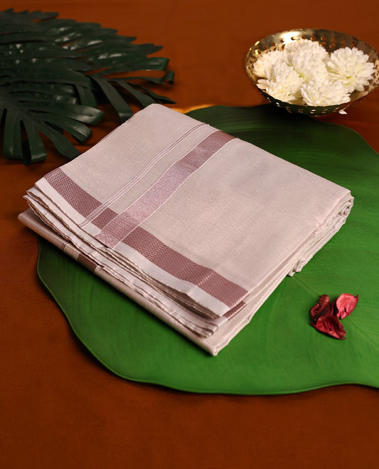 Light Rose Gold Colour Tissue double dhoti with Rose Gold kara, crafted for traditional elegance & comfort, for men.
