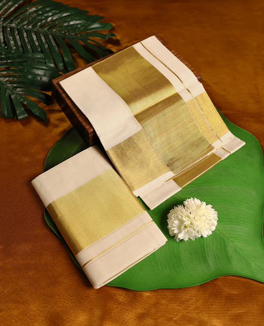Off white colour cotton SET MUNDU featuring a plain body, complemented by a bold Gold Zari 3.5 inch border(2.00/2.80 MTS ).