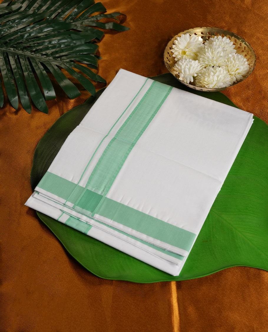 White Colour Pure Cotton single Dhoti with Green Colour Border for Men