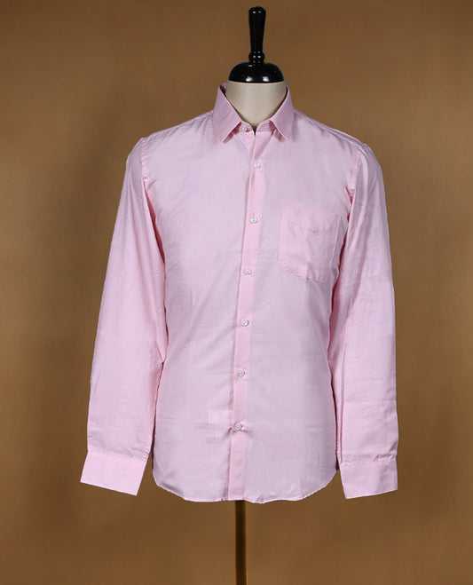 Soft baby pink Peter Eglend men’s shirt in a slim fit silhouette, featuring a subtle textured finish with full sleeves, classic collar, and chest pocket perfect for modern office and semi formal wear