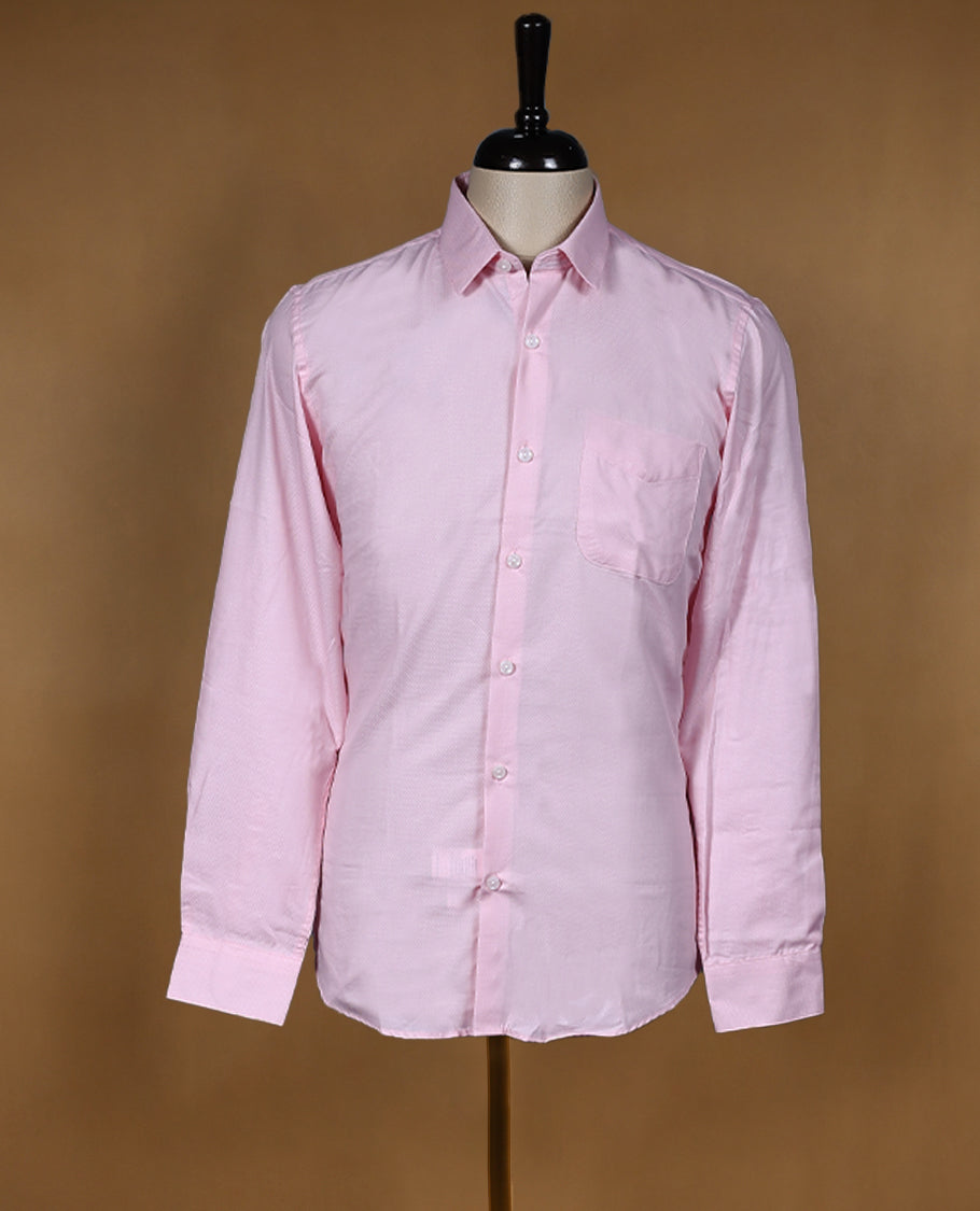 Soft baby pink Peter Eglend men’s shirt in a slim fit silhouette, featuring a subtle textured finish with full sleeves, classic collar, and chest pocket perfect for modern office and semi formal wear