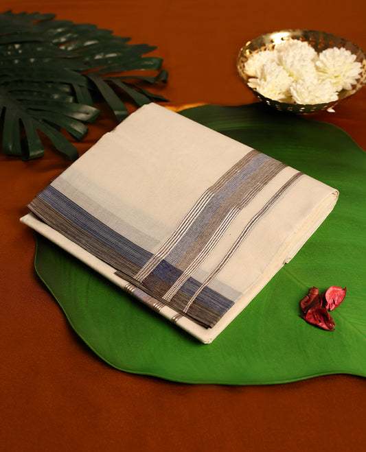 Light ivory Colour cotton double dhoti with 1.5 Inch Pastel Blue & Black kara, crafted for traditional elegance & comfort, for men.