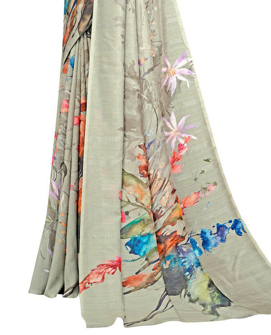 Pastel green colour Semi linen saree featuring vibrant multicolour floral digital prints on body and pallu, paired with a matching blouse.