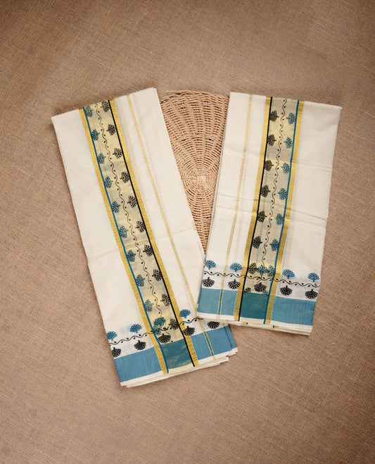 Cream colour cotton set mundu highlighting gold zari border with green & black colour print.