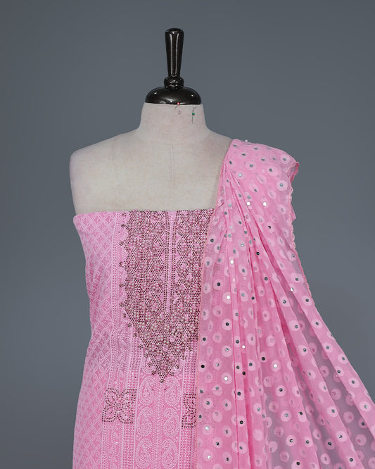 Pink Colour Georgette Salwar Material featuring elegant Chikankari work on the kurta, paired with a matching bottom and a sequins-embellished dupatta.