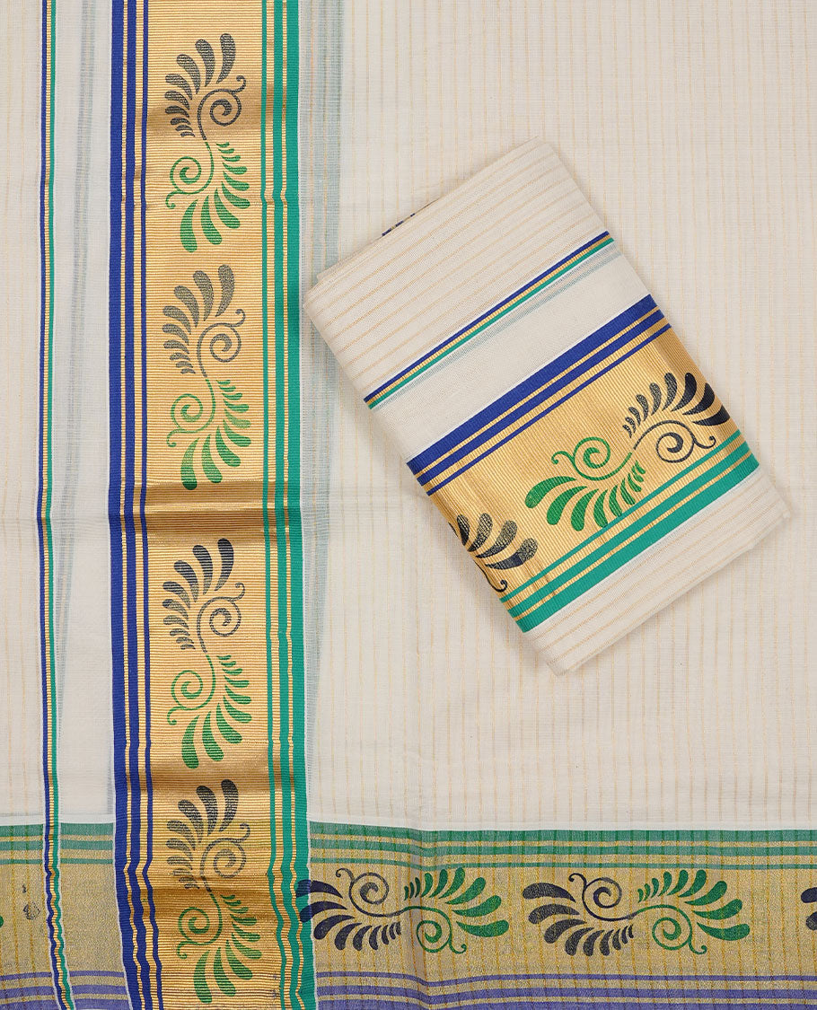 Off white colour Cotton Set Mund featuring a plain body, enhanced by a Design printed on zari border.