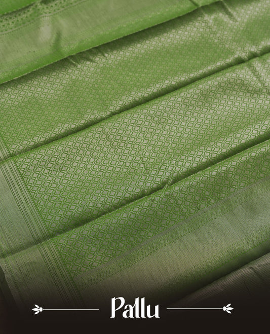 Green colour semi silk saree featuring neem zari Brocade geometric Pattern all over the body, complemented by a Self Colour woven border with detailing, Pallu & blouse.