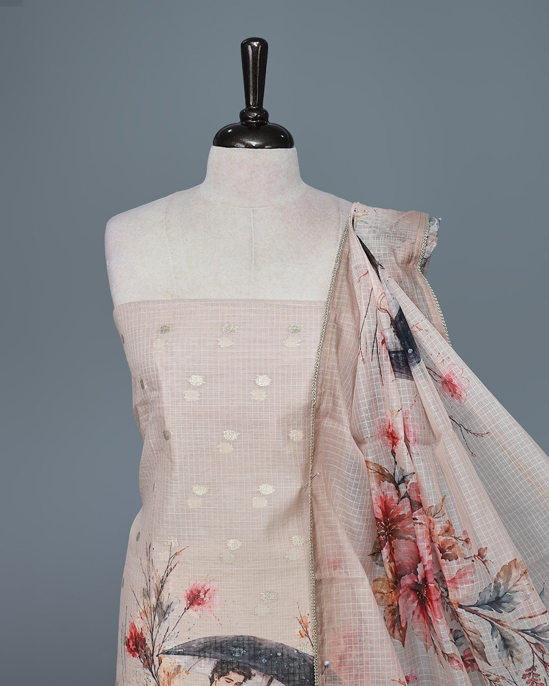 Cream Beige Colour Kotta Net Salwar Material Featuring Elegant Prints  with Delicate Butti Detailing on the Kurta, paired with a matching bottom & beautifully printed Dupatta.