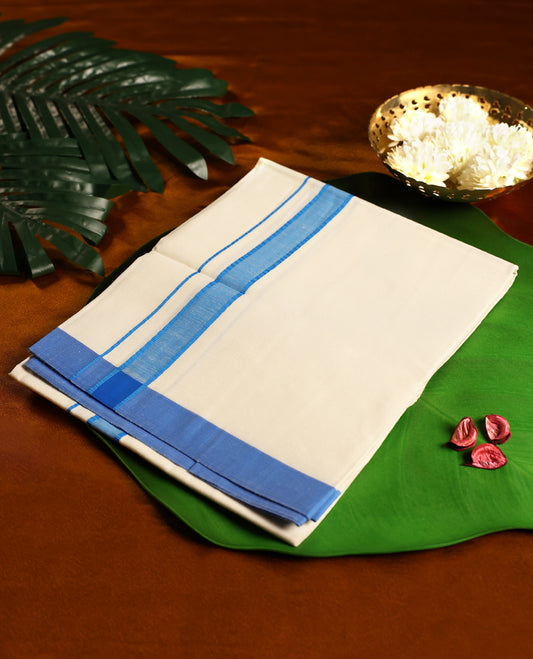 Off white colour cotton single dhoti featuring a 1.5 inch blue kara, crafted with fine fabric for traditional elegance and comfort, perfect for festive wear, temple visits, and cultural occasions.
