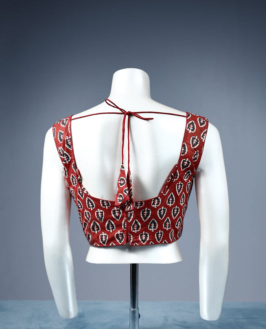 Dark Red Colour Leaf Block Print, Deep Neck, Attachable Sleeves, Padded, Ready Made Blouse.