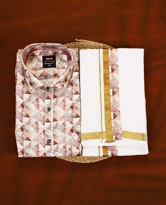 Multi pastel colour MCR full sleeve shirt featuring all over abstract prints, paired with a white dhoti adorned with a rich golden zari kara and a matching printed border.