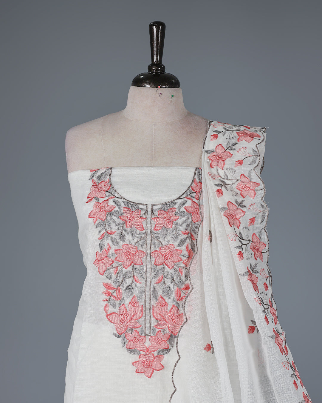 Off White Kotta Net Salwar Material featuring elegant Pink floral thread embroidery on yoke, paired with a matching bottom and an embroidered dupatta