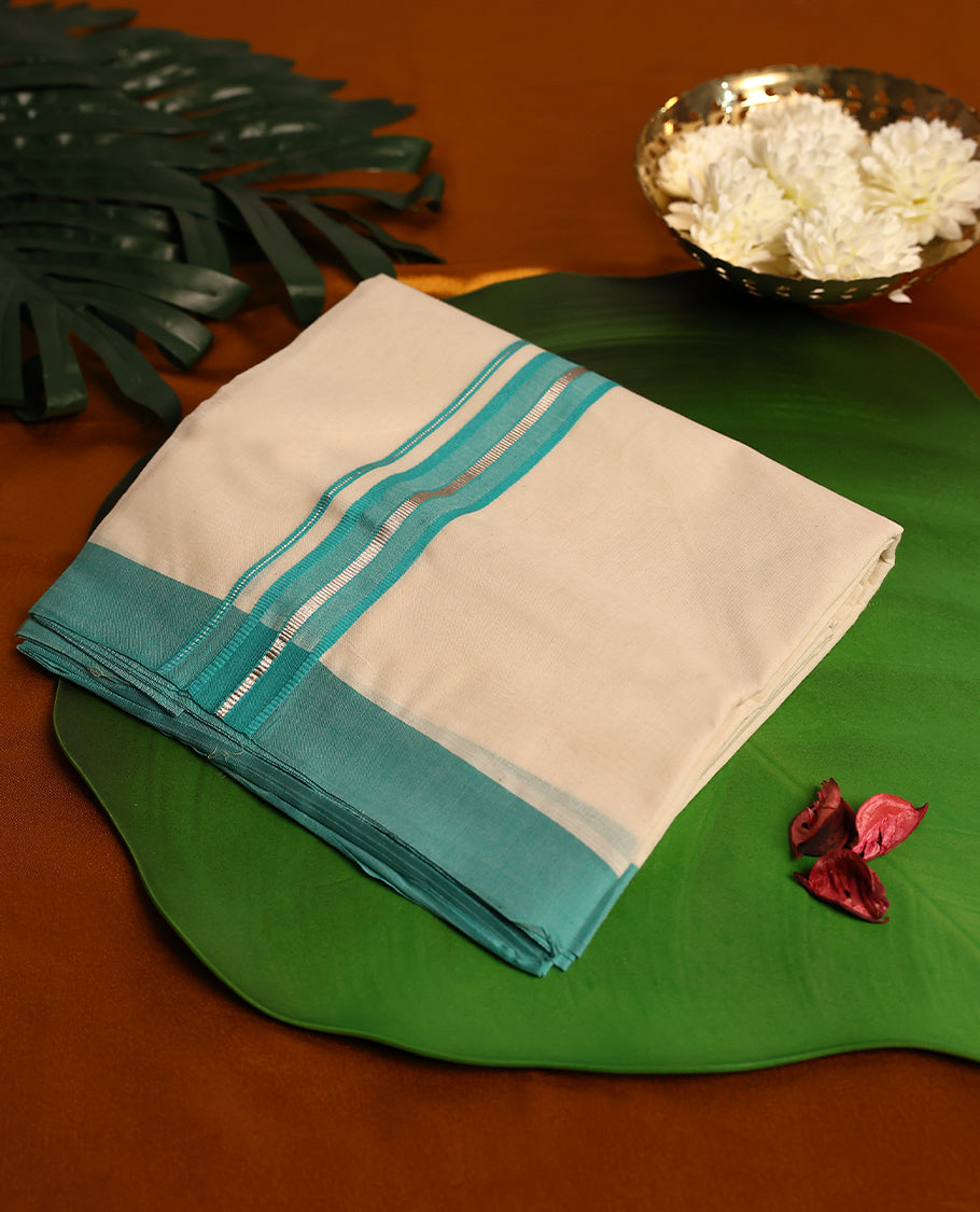 Light ivory Colour cotton double dhoti with Aqua Green kara, crafted for traditional elegance & comfort, for men.