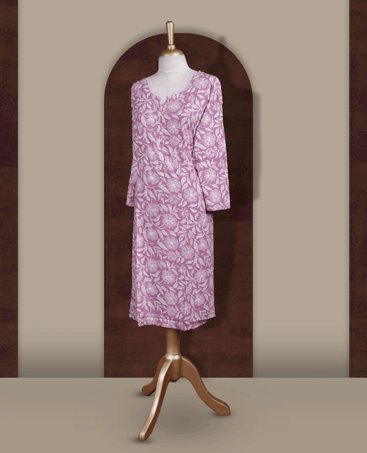 Mauve colour kurthi adorned with delicate white floral prints & styled with a round V notch neckline and comfortable 3/4th sleeves.