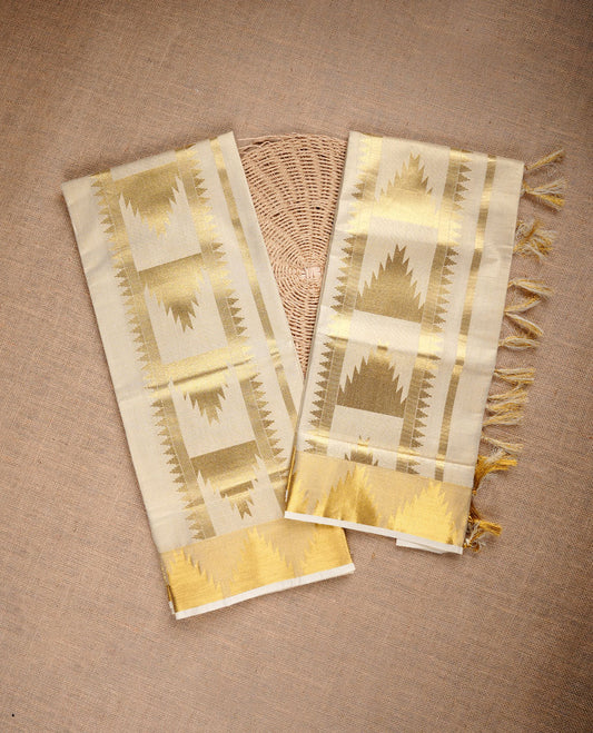 Light Gold colour tissue set mund highlighting gold zari temple pattern traditional border