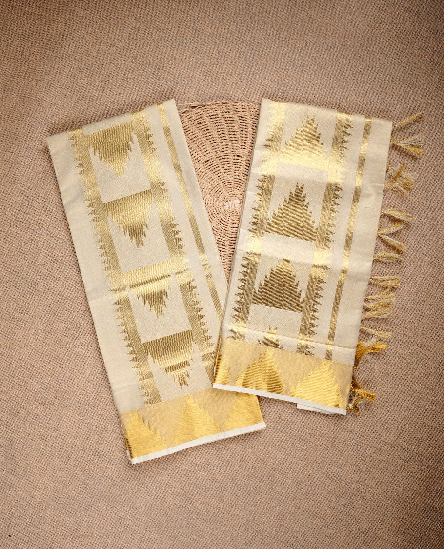 Light Gold colour tissue set mund highlighting gold zari temple pattern traditional border