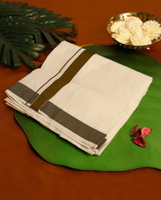 Light ivory Colour cotton single dhoti with 1.5 Inch Deep Olive kara, crafted for traditional elegance & comfort, for men.