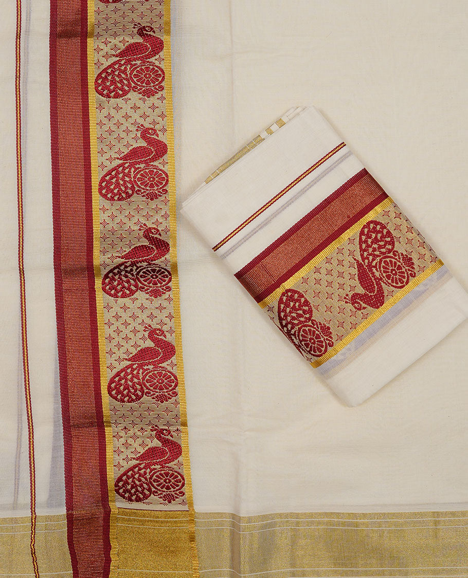 Off white colour cotton Set Mund featuring a plain body, enhanced by a traditional red and gold woven border with peacock motifs.