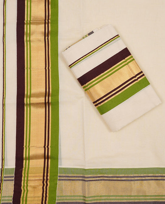 Off white colour Cotton Set Mund featuring a plain body, enhanced by a Green & maroon colour with zari border.