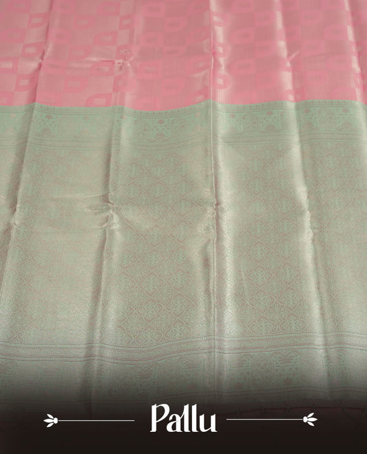 Baby Pink colour Semi Silk Saree with Self-Checked Geometric Patterns, Contrasting Silver Zari Woven Pallu and Border with Intricate Motifs and Tassels, Paired with Coordinated Blouse Piece
